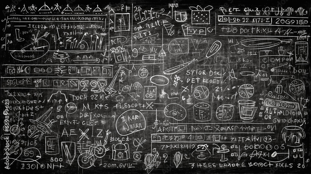 abstract mathematical physical formulas and calculations are written in chalk on a blackboard, texture overlay layer. - obrazy, fototapety, plakaty 