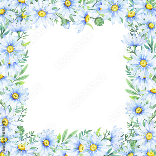Floral daisy border, watercolor illustration. White daisy. Floral botanical flower. Frame border ornament © babanova