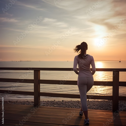 Young woman in sportsoutfit at the dock of a sea