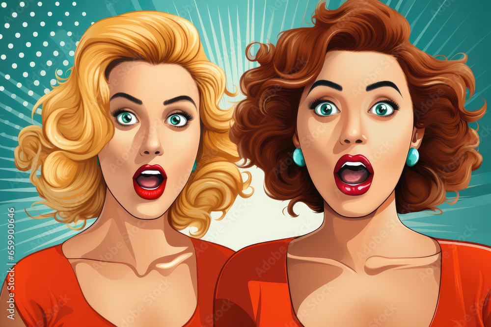 Φωτογραφία Vivid Emotions in Vintage Pop Art: Two Women's Astonishing Reactions to News, Ex