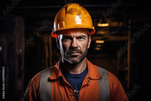 portrait of a worker with beard and hardhat looking at camera