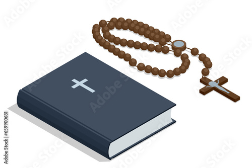 Isometric reading christian literature and rosary. Religion and its representatives.