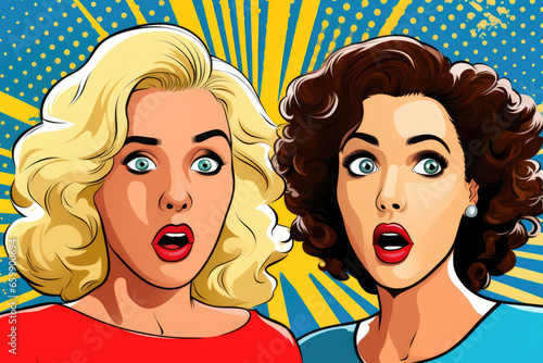 Emotional Friendship: Two Young Girls in Retro Pop Art, Expressing Fear, Excitement, and Astonishment While Watching News Together