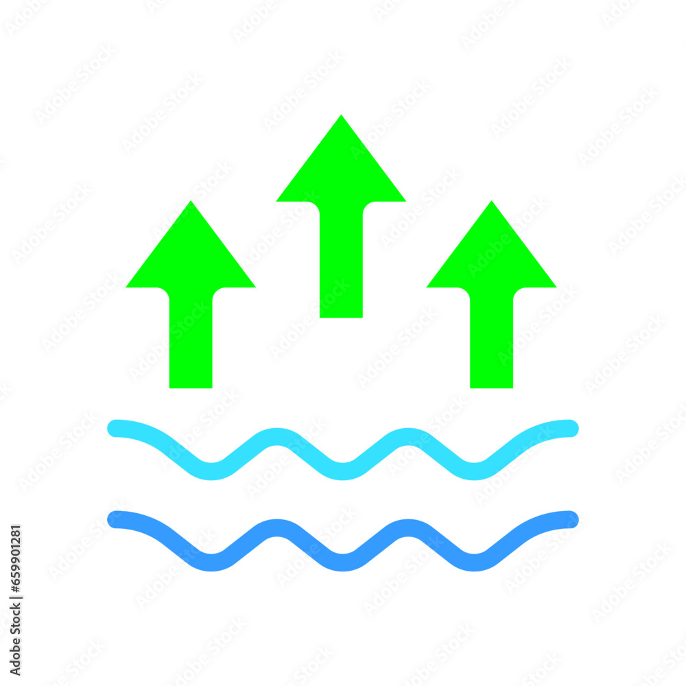 Raise the water level line icon. Liquid, moisture, thirst, rain, nature, sea, river, lake, current. Vector color icon on a white background for business and advertising. Raise the water level line icon. Liquid, moisture, thirst, rain, nature, sea, river, lake, current. Vector color icon on a white background for business and advertising.