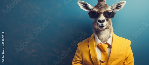 Animal goat portraits  Cool business animal in sunglasses and suit. With copy text space  wide screen. Simple background  Generative AI