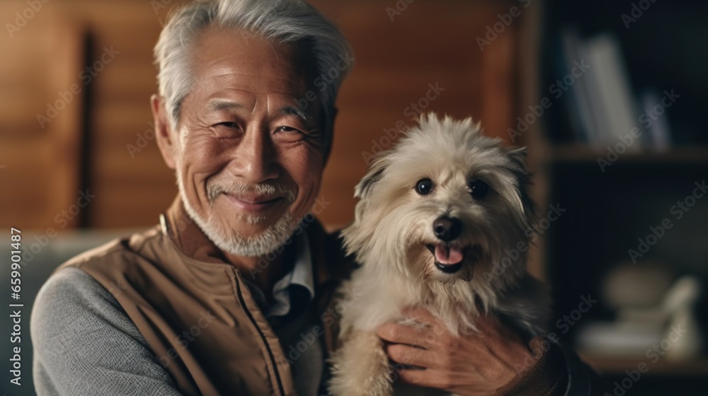 The warmth of their sunlit room frames the happiness of a senior man and his dog in this portrait. The warmth of their sunlit room frames the happiness of a senior man and his dog in this portrait.