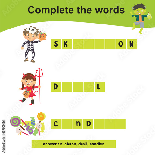 Complete the words worksheet. Write the missing letters and complete the words. Writing Halloween things for children. Writing activity with Halloween edition. Printable activity page for kids. 