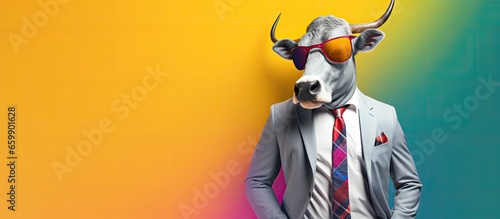 Animal bull portraits, Cool business animal in sunglasses and suit. With copy text space, wide screen. Simple background, Generative AI