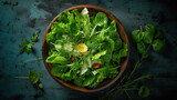 green food balanced diet, plate with green salad top view.