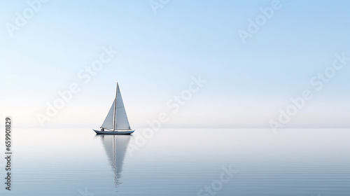 lonely sailing boat at sea minimalism style posters. the atmosphere is a dream. Generative AI