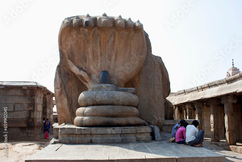 Nagalingesvara, seven-hooded Naga with a  black polished lingam. Veerabhadra temple courtyard, Lepakshi,  Andhra Pradesh, India photo