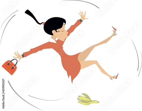 Young woman falling banana peel. 
Cartoon young woman falling down slipping on banana peel
