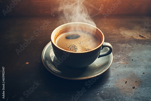 A Steaming Cup of Coffee with Grainy Appeal