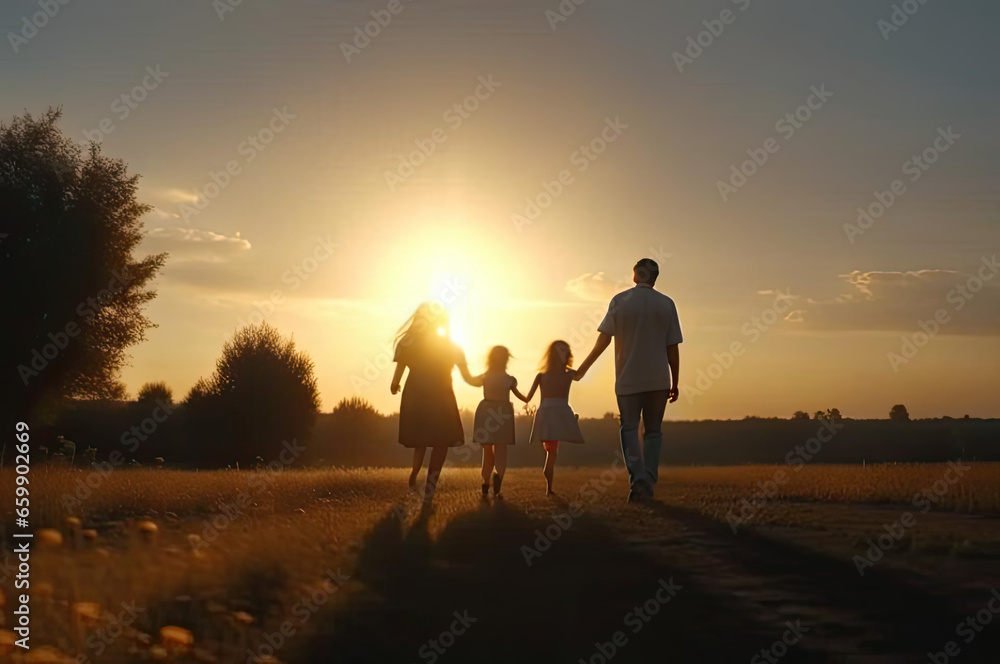 family. a couple with children walk through an evening filled with a sunset landscape. AI GENERATOR