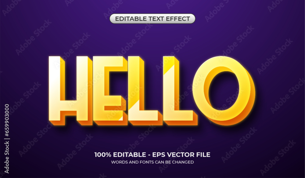 Realistic shiny hello text effect. Editable 3d glossy text effect in yellow color - obrazy, fototapety, plakaty 