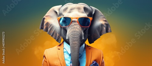 Animal elephant portraits, Cool business animal in sunglasses and suit. With copy text space, wide screen. Simple background, Generative AI