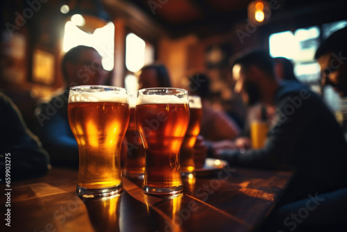 Friends drinking glasses of beer with foam in a pub after work