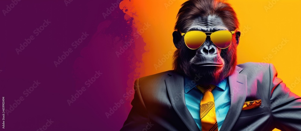 Animal gorilla portraits, Cool business animal in sunglasses and suit. With copy text space, wide screen. Simple background, Generative AI
