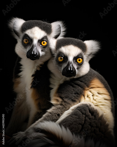 Family of lemurs with yellow eyes on a black background © Evgeniya Fedorova