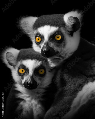 Family of lemurs with yellow eyes on a black background in black and white format