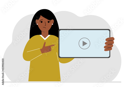 Woman holding tablet computer with video player. Marketing concept in flat style.