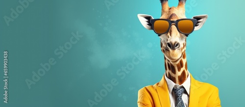 Animal giraffe portraits, Cool business animal in sunglasses and suit. With copy text space, wide screen. Simple background, Generative AI