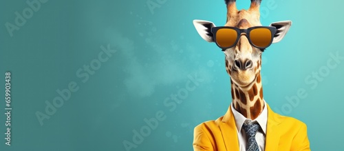 Animal giraffe portraits, Cool business animal in sunglasses and suit. With copy text space, wide screen. Simple background, Generative AI