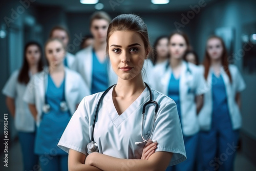 Female doctor in the clinic corridor with her team
