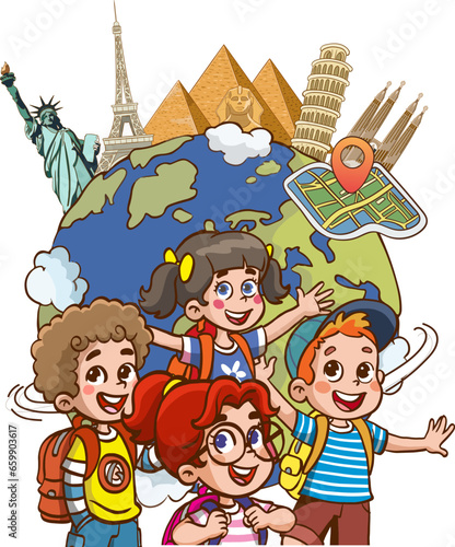 vector illustration of world tour and kids