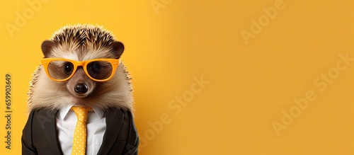 Animal hedgehog portraits, Cool business animal in sunglasses and suit. With copy text space, wide screen. Simple background, Generative AI photo