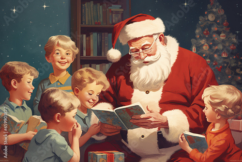 Santa Cauls with children on christmas, reading a book