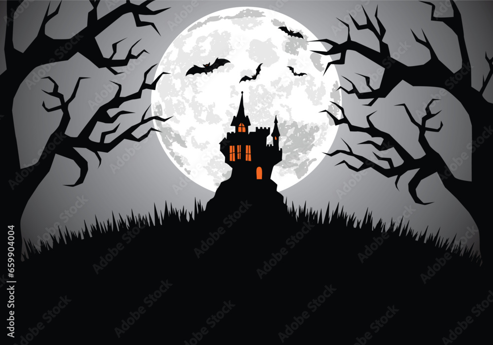 Halloweens midnight background  with castle on a hill on full moon and old scary trees