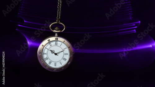 Hypnosis session. Vintage pocket watch with chain swinging over surface on dark background among faded clock faces, magic motion effect