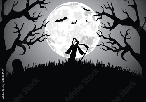 Halloweens midnight background with Grim Reaper on a hill on full moon and old scary trees