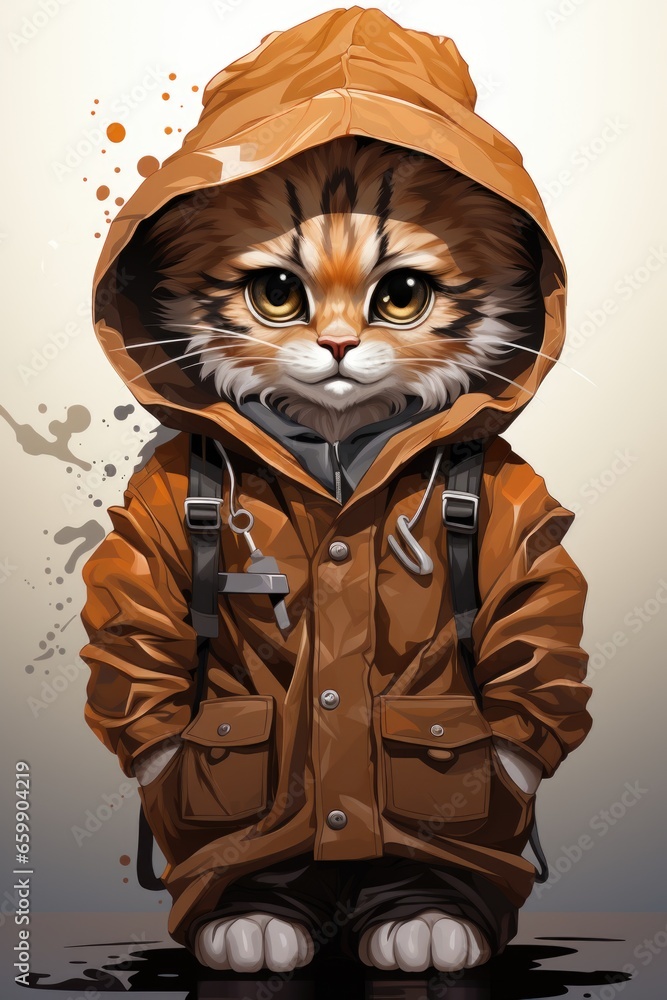 A cat wearing a jacket and a backpack. AI image. Tshirt pattern. A cat wearing a jacket and a backpack. AI image. Tshirt pattern.