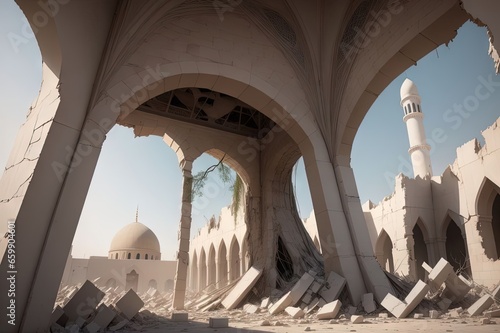 tree growing from the center of destroyed mosque dome between Israel and Gaza, israeli and palestine conflict abstract War illustration