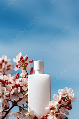 A bottle of lotion sitting on top of a tree. Digital art. Body product mockup.