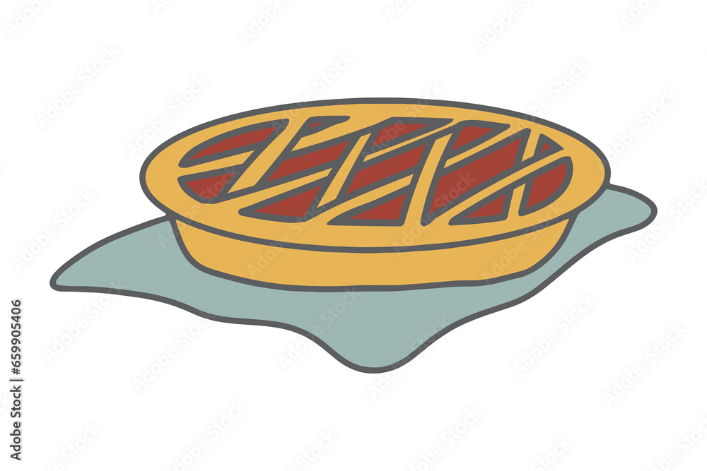 Doodle pie vector illustration. Hand drawn round lattice pie with red berry jam isolated on white background. Tasty sweet dessert food. Home cooking recipe Doodle pie vector illustration. Hand drawn round lattice pie with red berry jam isolated on white background. Tasty sweet dessert food. Home cooking recipe