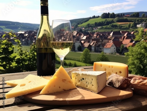 Cheese board with different varieties and white wine against the backdrop of village. AI