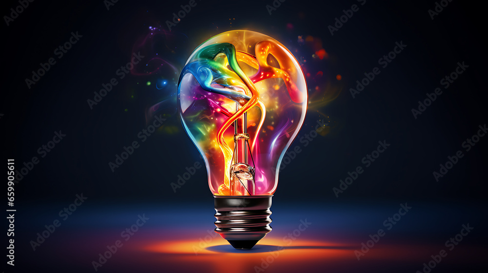 Creative inspiration concept with colorful lightbulb made from liquid glass Creative inspiration concept with colorful lightbulb made from liquid glass