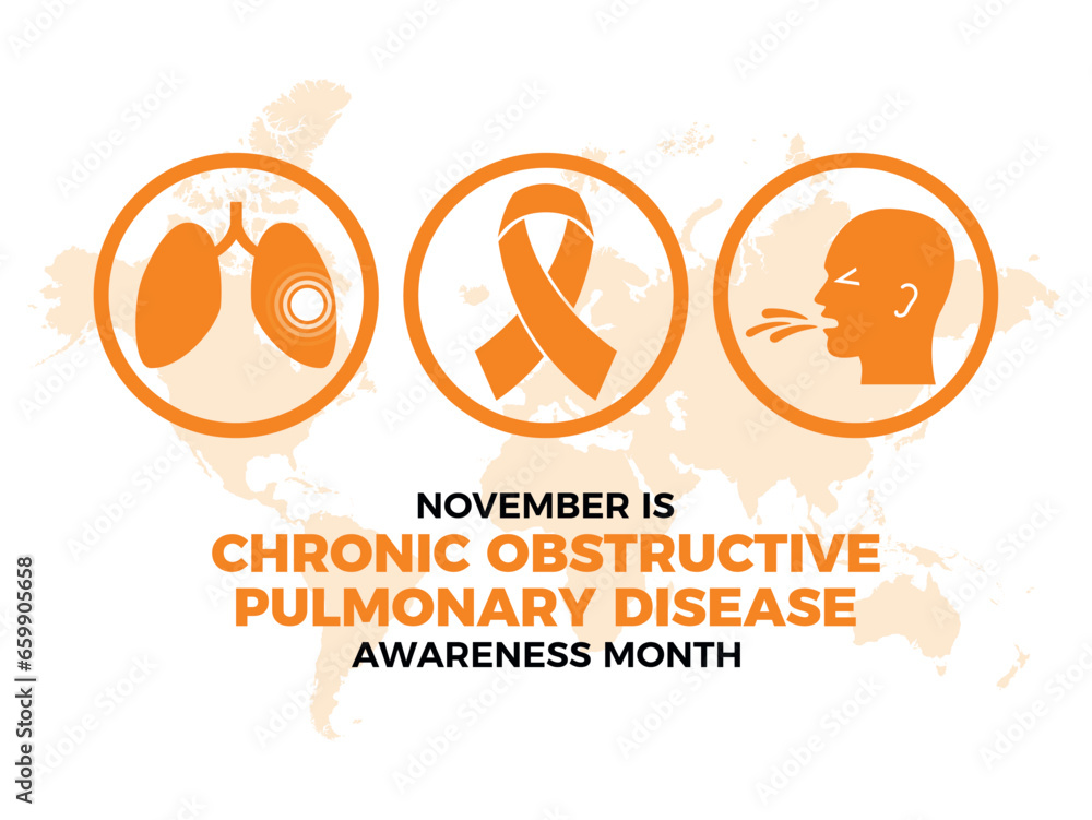 November is National Chronic Obstructive Pulmonary Disease Awareness Month vector illustration. COPD awareness month poster. Orange awareness ribbon and human lungs icon set vector. Important day November is National Chronic Obstructive Pulmonary Disease Awareness Month vector illustration. COPD awareness month poster. Orange awareness ribbon and human lungs icon set vector. Important day