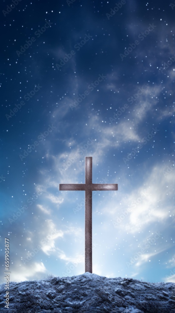 Cross with snowfall in the sky