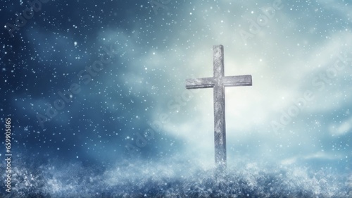 Cross with snowfall in the sky © ColdFire