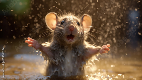 a cheerful little mouse is bathing in a puddle of splashing water. © kichigin19