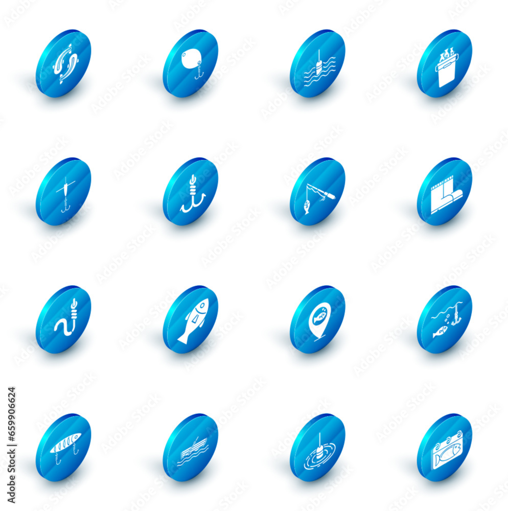 Set Fishing spoon, float water, bucket with fishes, hook and, worm, boots and rod icon. Vector Set Fishing spoon, float water, bucket with fishes, hook and, worm, boots and rod icon. Vector