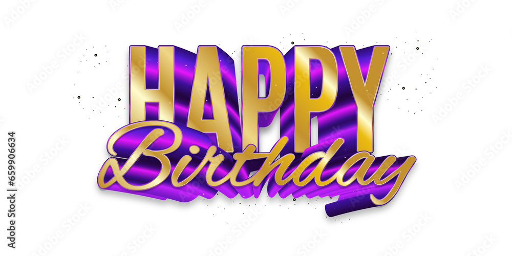 3D Gold and Purple Happy Birthday Lettering. Happy Birthday Text With White Background