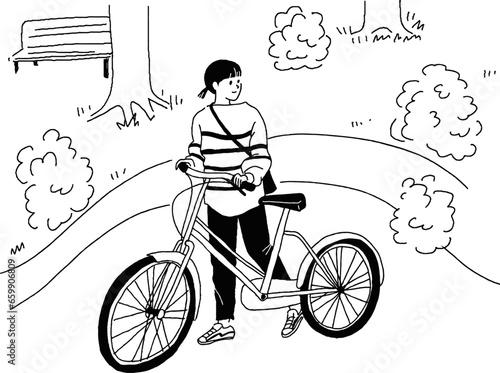 自転車と若い女性の線画ベクターイラスト