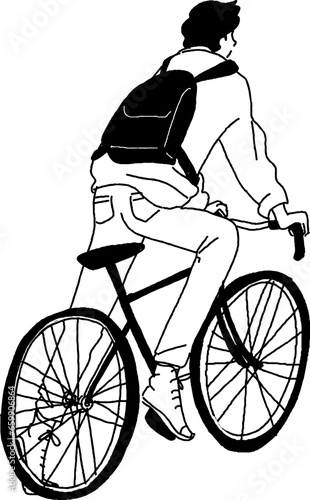 自転車と若い男性の線画ベクターイラスト