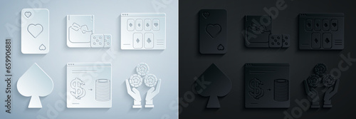 Set Online casino chips exchange on stacks of dollars, poker table game, Playing card with spades symbol, Hand holding, Game dice glass whiskey ice cubes and heart icon. Vector