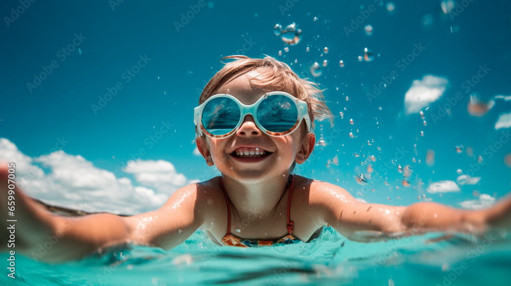 Naklejka premium A child in sunglasses swims in the sea. Generative AI.